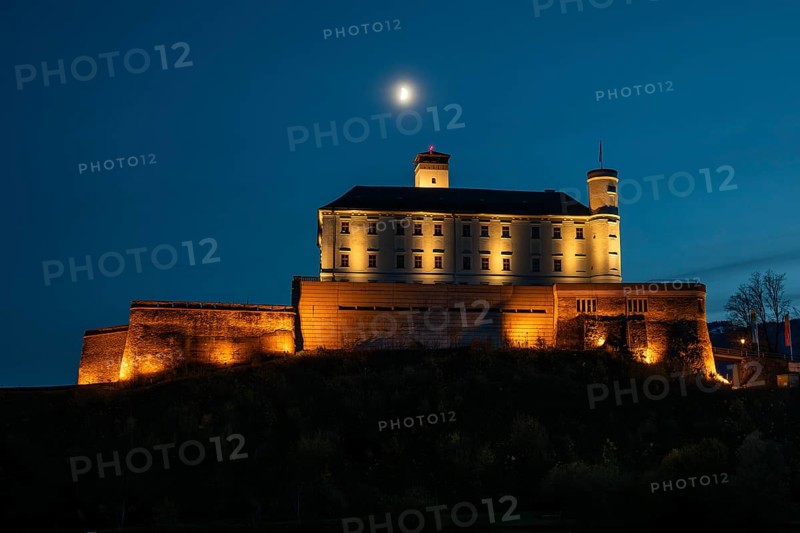 Moon over Trautenfels Castle, blue hour, near Irdning, Ennstal, Styria, Austria