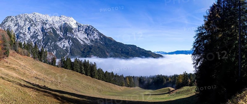 Autumn atmosphere, fog over the Enns Valley, view from Stoderstraße near Gröbming, panoramic photo, Styria, Austria