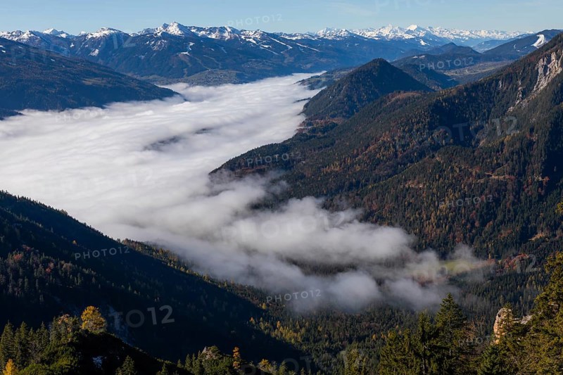 Autumn atmosphere, fog over the Enns Valley, snow on alpine mountain range, view from Stoderstraße, near Gröbming, Styria, Austria