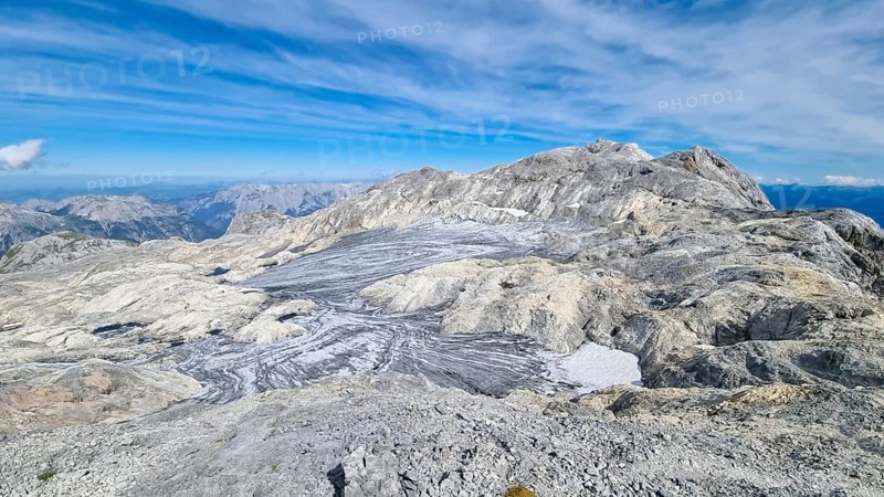 Remains of the Übergossene Alm glacier on the Hochkönig, symbol of glacier decline, view of the summit with the Matrashaus, Berchtesgaden Alps, Austria