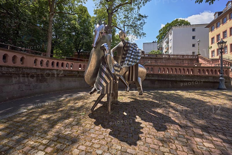 Stainless steel sculpture Saint Martin, sculptor Albert Sous, general architecture, trees, blue sky, cumulus clouds, Fürstenbergerhofstraße, Mainz, state capital, district-free city, Rhineland-Palatinate, Germany