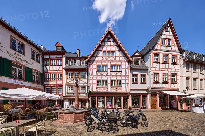 Marienbrunnen, stone fountain, historic half-timbered houses, bicycles, paving stone square, outdoor area of a restaurant, visitors as a secondary theme, blue sky, cumulus clouds, Kirschgarten square, Mainz, state capital, district-free city, Rhineland-Palatinate, Germany