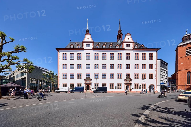 Leibniz Institute, historic university, historic building, façade with windows, dormer, gable and tower, asphalt road, cyclists and pedestrians as secondary motif, blue sky, cloudless, Alte Universitätsstraße, Mainz, state capital, district-free city, Rhineland-Palatinate, Germany