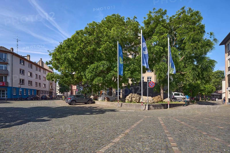 General architecture, flags on flagpoles, advertising flag, trees, cars, square made of paving stones, blue sky, cirrostratus clouds, contrails, intersection of Deutschhausplatz with Zeughausgasse, Mainz, state capital, district-free city, Rhineland-Palatinate, Germany