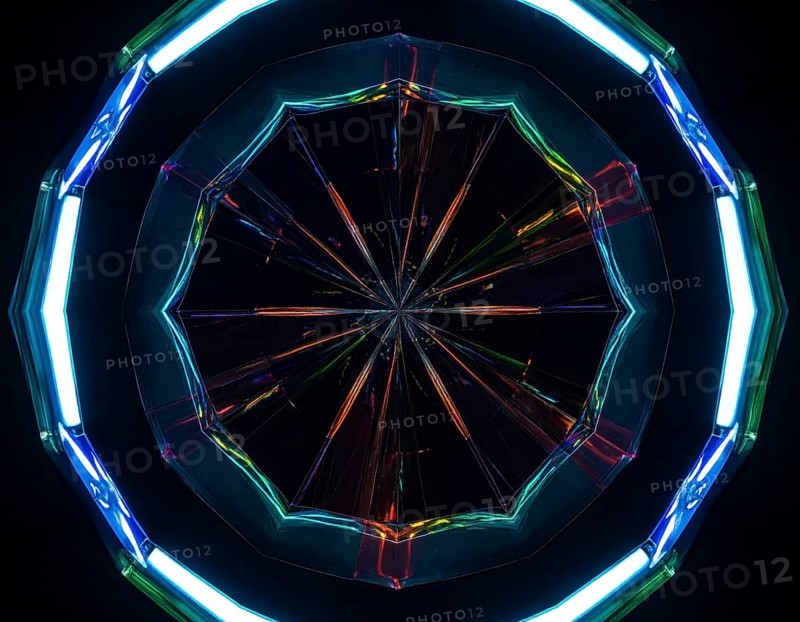 Abstract background of slightly unfocused multicolored glass lenses spinning and rotating, wallpaper illustration in vibrant neon colors, mandala background for business, textures and pattern, AI generated