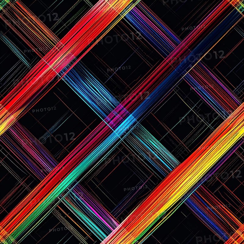 Abstract digital art featuring vibrant, intersecting neon lines creating a geometric pattern, Intersecting neon lines form a vibrant abstract geometric grid against a black background, Seamless looping illustration, colorful diagonal and wavy lines, creating a modern dynamic template background, vibrant colored lines and geometric forms for business or technology wallpaper, AI generated