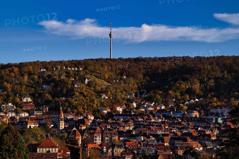 View of Suttgart-Süd with TV Tower, Weinsteige, St. Mark's Church, Stuttgart, Baden-Württemberg, Germany