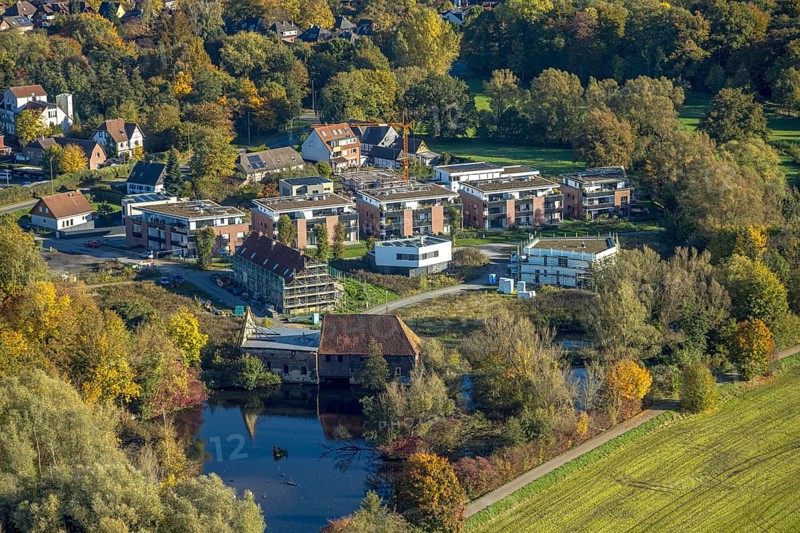 Aerial view, Schlossmühle building area, residential buildings new building on Schlossstraße, Heeßen district, Hamm, Ruhr area, North Rhine-Westphalia, Germany, construction area, building plot, construction project, construction site, DE, Europe, aerial photography, aerial photography, new building, overview, birds-eyes view, overview, birds-eyes view, overview