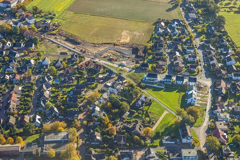 Aerial view, construction site on the corner of Bimbergsheide, Üntrop, Hamm, Ruhr region, North Rhine-Westphalia, Germany, construction area, building plot, construction project, construction site, DE, Europe, aerial photography, aerial photography, overview, birds-eyes view, overview