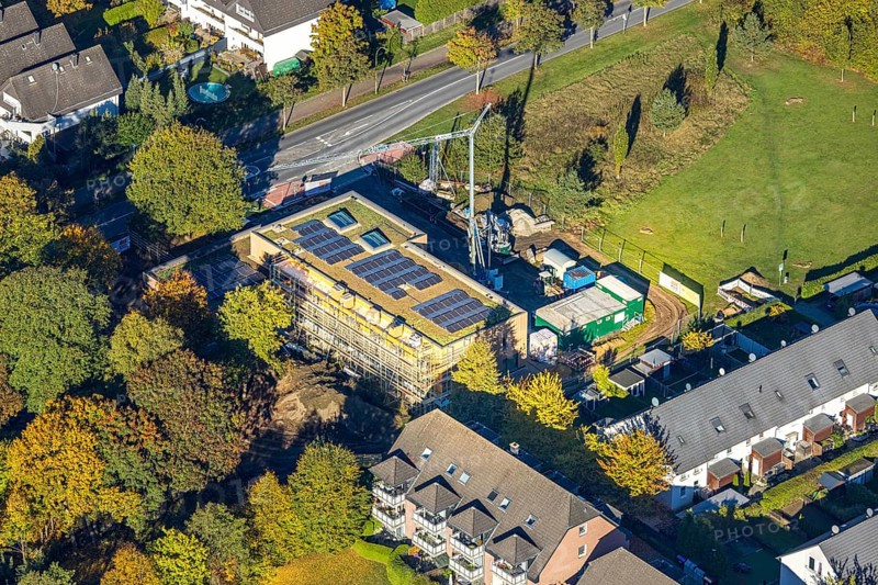 Aerial view, construction site with new daycare center Villa Kunterbunt on Ostwennemarstraße corner Alter Üntroper Weg, Üntrop, Hamm, Ruhr region, North Rhine-Westphalia, Germany, construction area, building site, building plot, construction project, construction site, DE, Europe, kindergarten, daycare center, daycare center, aerial photography, aerial photography, new building, overview, bird's eye view, Birds-eyes view, overview