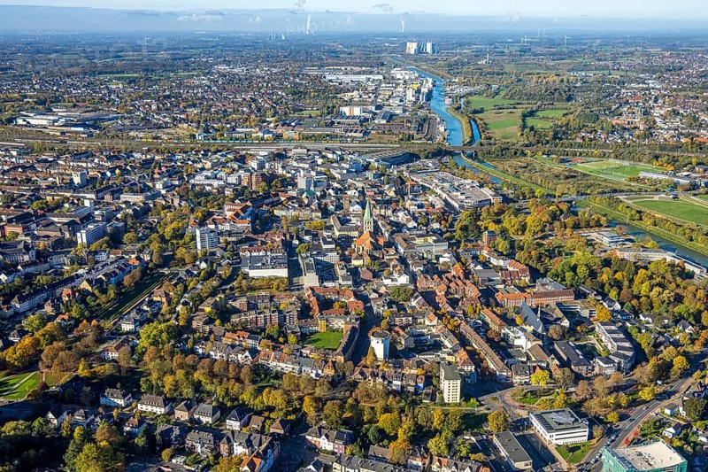 Aerial view, city and evangelical St. Paul's Church with view to Central Station and harbour, Mitte, Hamm, Ruhr area, North Rhine-Westphalia, Germany, DE, Europe, aerial photography, aerial photography, overview, birds-eyes view, overview