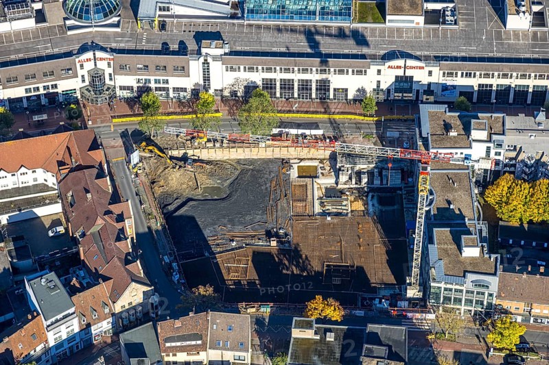 Aerial view, construction site with demolition and new construction of the western half of the Ritterpassage at the Allee-Center shopping center, Mitte, Hamm, Ruhr area, North Rhine-Westphalia, Germany, demolition, allee-center, architecture, construction, construction site, DE, shopping mile, shopping center, development, Europe, progress, shops, commercial sector, background, portrait mode, infrastructure, crane, aerial photography, aerial photography, northern Germany, perspective, knight's passage, city, cityscape, urban planning, structure, overview, urban, traffic, change, bird's eye view, western half, economy, birds-eyes view, modern, overview, overview