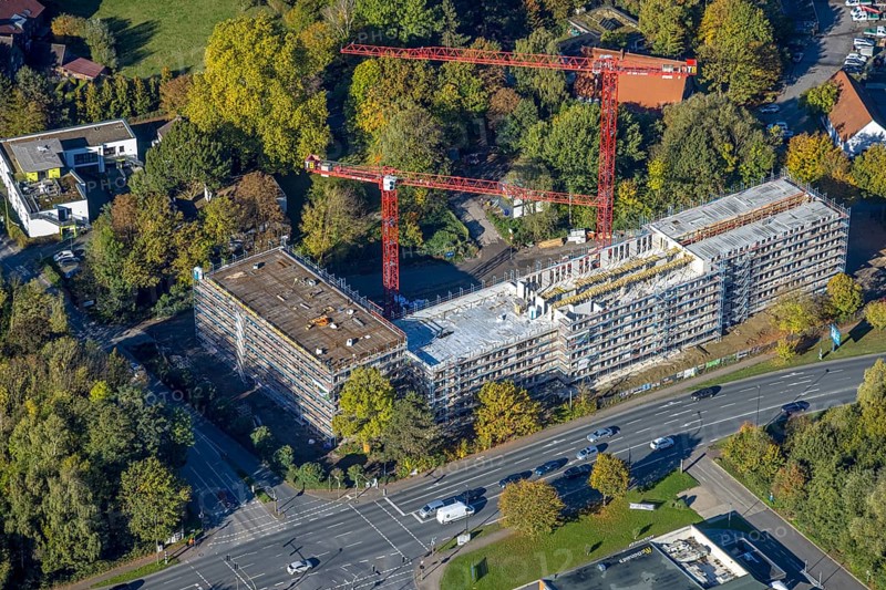 Aerial photo, construction site and new building for Autobahn GmbH office buildings, former garden center Kley on Ostdorfstraße and road intersection Werler Straße Bundesstraße B63 and Ostdorfstraße, Rhynern district, Hamm, Ruhr area, North Rhine-Westphalia, Germany, construction area, construction site, building plot, construction project, construction site, DE, development, Europe, aerial photography, aerial photography, aerial photography, new building, shell, overview, bird's eye view, birds-eyes view, overview