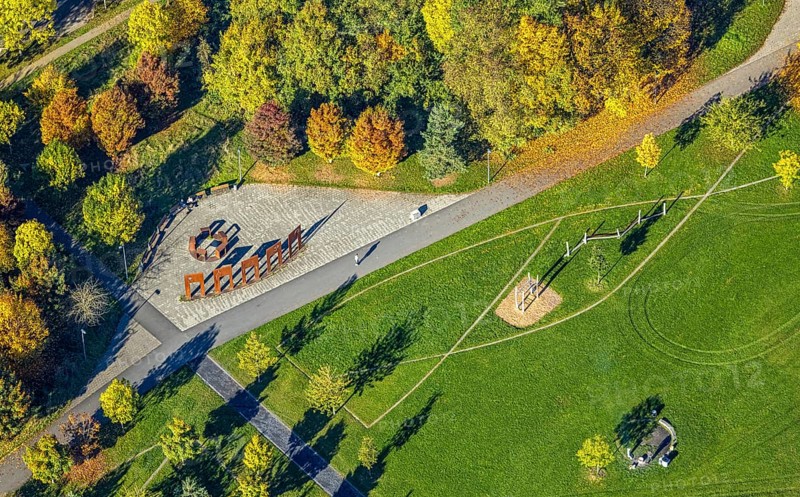 Aerial view, place of interreligious encounter, memorial sculpture in Lippepark, five steel gates and five lecterns represent the five world religions, meeting place for religious exchange, district of Herringen, Hamm, Ruhr area, North Rhine-Westphalia, Germany, DE, Europe, religious community, holy place, aerial photography, religion, religious place, sculpture, sculpture park, overview, bird's eye view, birds eyes view, overview