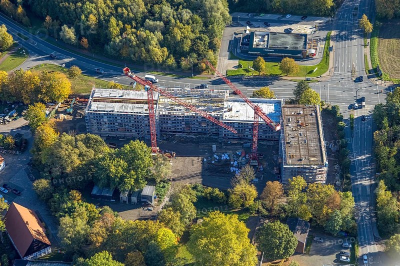 Aerial view, construction site and new building for Autobahn GmbH office buildings, former garden center Kley on Ostdorfstraße and road intersection Werler Straße Bundesstraße B63 and Ostdorfstraße, McDonald's branch, Rhynern district, Hamm, Ruhr area, North Rhine-Westphalia, Germany, construction site, building plots, construction crane, construction project, construction site, DE, development, Europe, gastronomy, aerial view, aerial photography, aerial photography, new building, shell, overview, bird's eye view, birds-eyes view, overview