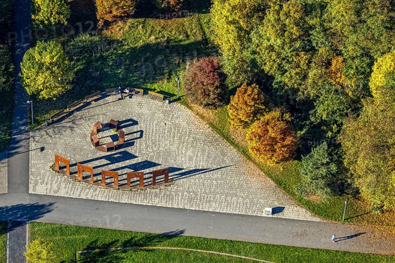 Aerial view, place of interreligious encounter, memorial sculpture in Lippepark, five steel gates and five lecterns represent the five world religions, meeting place for religious exchange, district of Herringen, Hamm, Ruhr area, North Rhine-Westphalia, Germany, DE, Europe, religious community, holy place, aerial photography, religion, religious place, sculpture, sculpture park, overview, bird's eye view, birds eyes view, overview