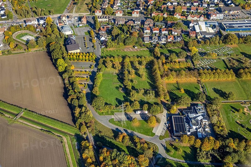 Aerial view, Herringen Park Cemetery, Hamm Krematorium GmbH, autumnal trees, Barbara Stadium and DiTiB Ulu Camii Mosque, Herringen district, Hamm, Ruhr area, North Rhine-Westphalia, Germany, burial place, DE, Europe, cemetery, memorial, cemetery, graves, burial ground, aerial photo, aerial photography, resting place, overview, bird's eye view, Birds-eyes view, overview