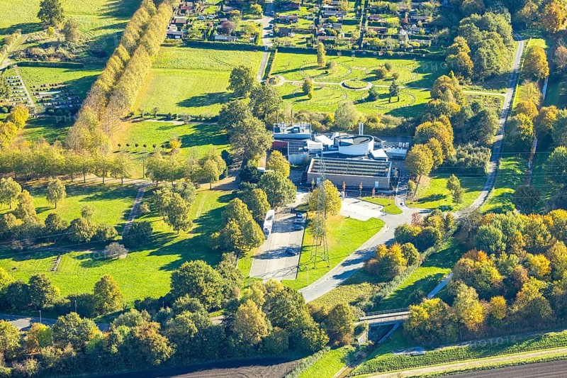 Aerial view, Krematorium Hamm GmbH am Parkfriedhof Herringen, barefoot path Lippepark, autumn trees, Herringen district, Hamm, Ruhr area, North Rhine-Westphalia, Germany, burial place, DE, Europe, cemetery, memorial, Gottesacker, graves, burial ground, aerial photography, resting place, overview, birds-eyes view, overview, birds-eyes view, overview