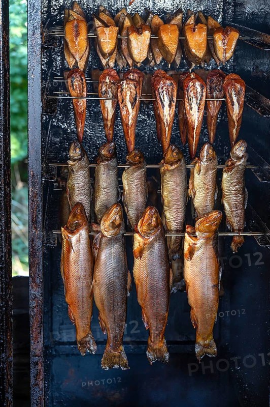 Different types of fish in a smoker, Ahrenshoop, Darß, Mecklenburg-Western Pomerania, Germany