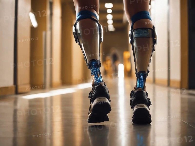 A back view of bionic legs in a modern hallway, showcasing advanced prosthetic technology, AI generated
