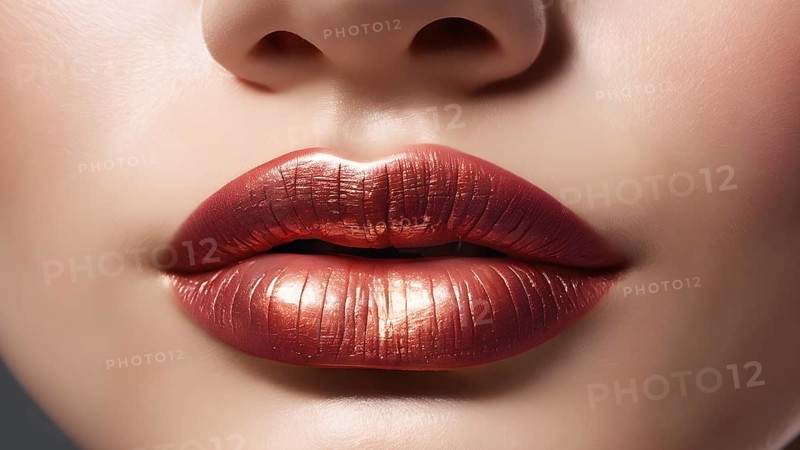 Close-up of shiny copper-colored lips with a metallic finish, AI generated
