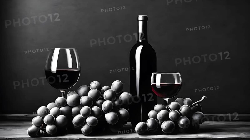 Minimalist wine and grape arrangement with glasses on a dark background, AI generated