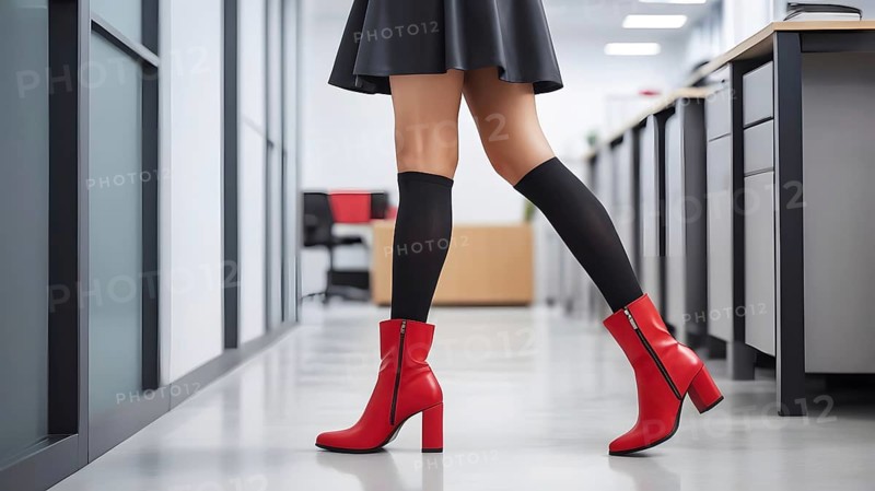 Woman in red boots and black skirt walking in a stylish modern office setting, AI generated