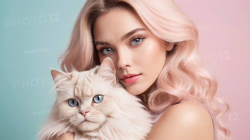 Woman with pastel hair holding a fluffy white cat against a pastel two-tone backdrop, AI generated