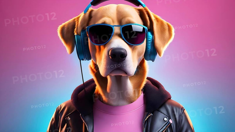 Stylish dog in sunglasses and headphones wearing a leather jacket with a vibrant background, AI generated
