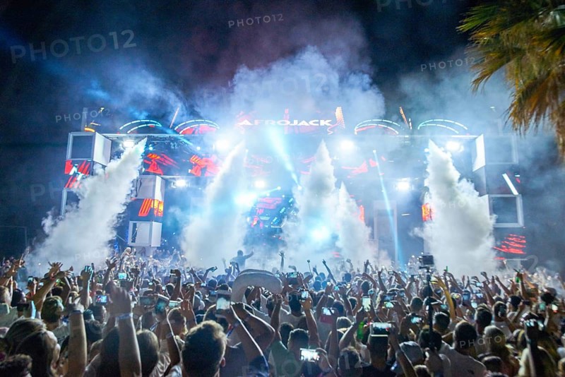 EDITORIAL and NEWS ONLY, CO2 machine cannon at edm performance, stage view of rare moment of joint DJ back to back performance of edm dance music DJ Afrojack performing with DJ Hardwell on DJ pult at Starbeach events festival Hersonissos, Crete, Greece, on 17. July 2017