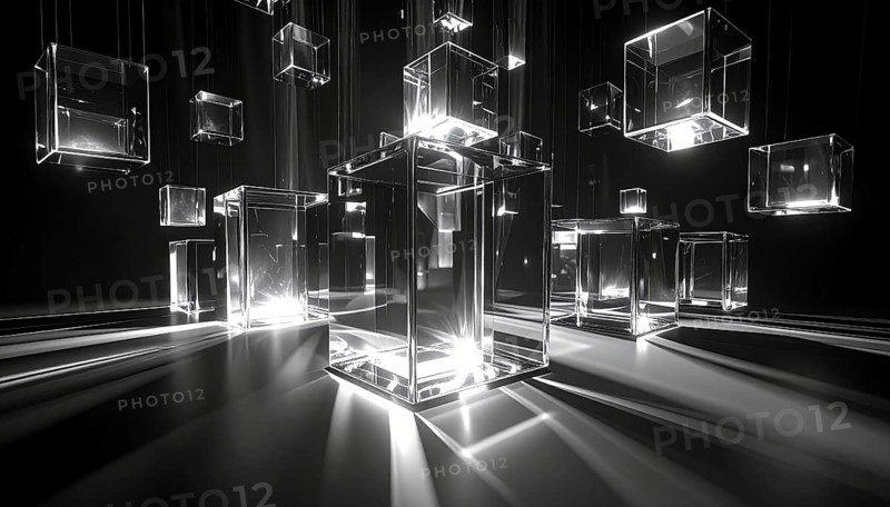Abstract animation, glass cubes on black background, modern business wallpaper illustration, AI generated