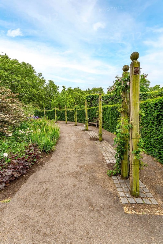 Elegant garden architecture: weathered wooden posts and chains bordering the walking trail at Hyde Park, London