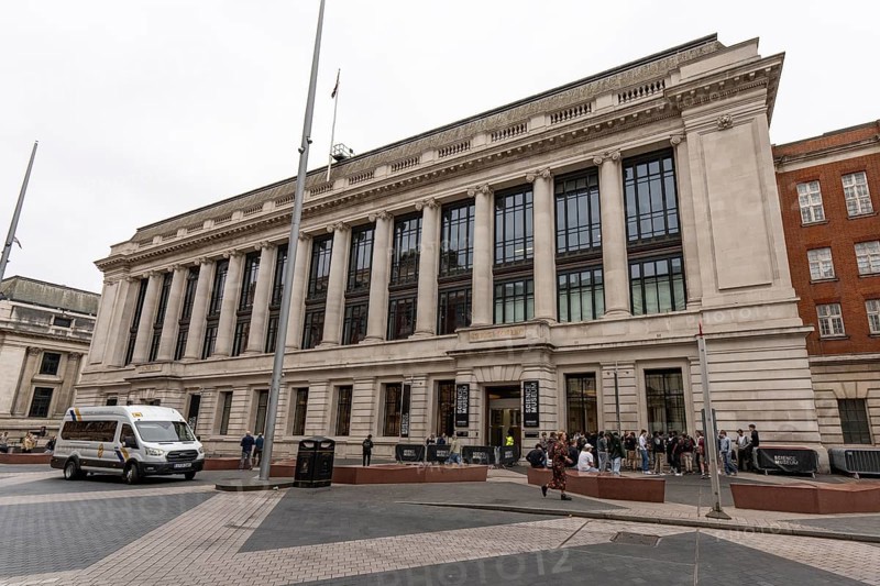 London, United Kingdom - 15 May 2025: Wide view of the grand exterior and columned facade of the historic London Science Museum