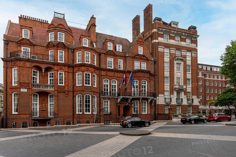 London, United Kingdom - 15 May 2025: Ornate red brick diplomatic building of the Jamaican High Commission in central London