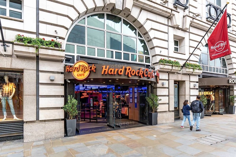 London, United Kingdom - 15 May 2025: Hard Rock Cafe London entrance at Piccadilly Circus in the heart of the West End
