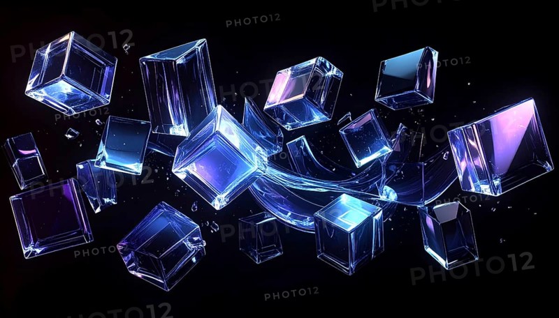 Abstract animation, glass cubes on black background, modern business wallpaper illustration, AI generated