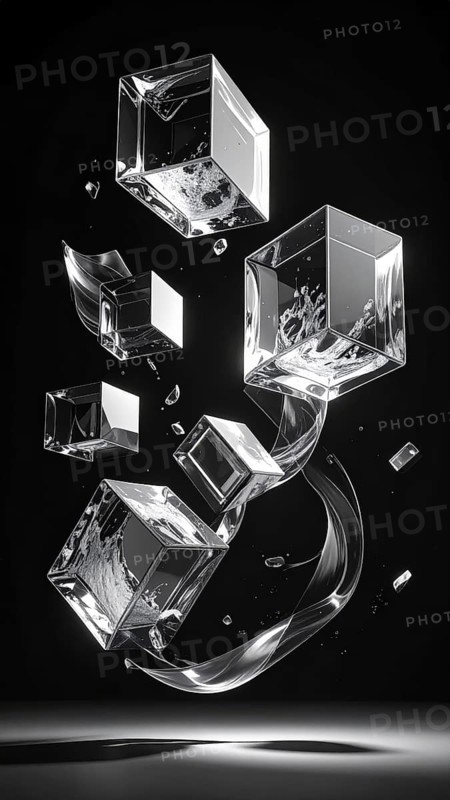 Abstract animation, glass cubes on black background, modern business wallpaper illustration, AI generated