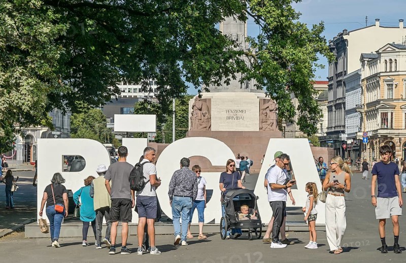 Riga lettering, Tourists, Freedom Square, Brivibas Laukums, Old Town, Riga, Latvia