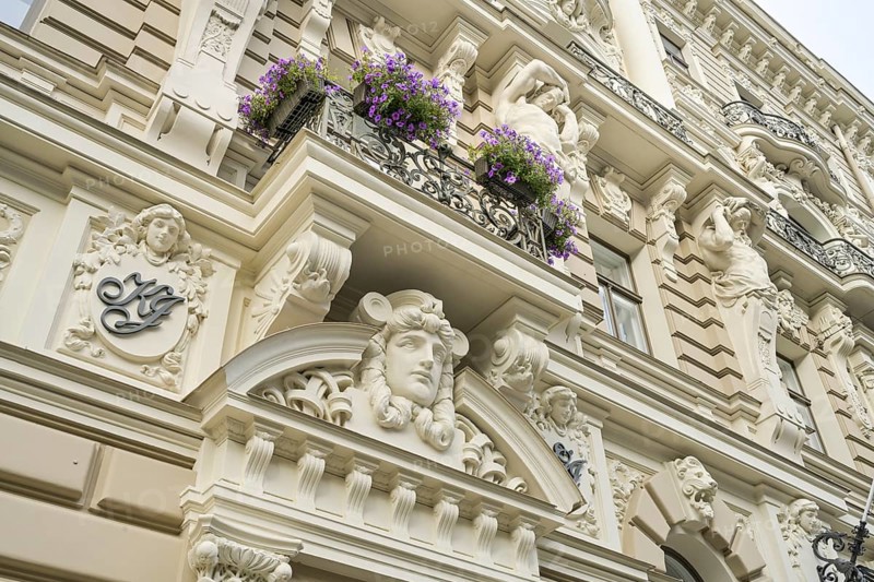 Detail, façade, Art Nouveau residential building, Art Nouveau quarter, Elisabethstraße 33, Elizabetes Iela, Old Town, Riga, Latvia