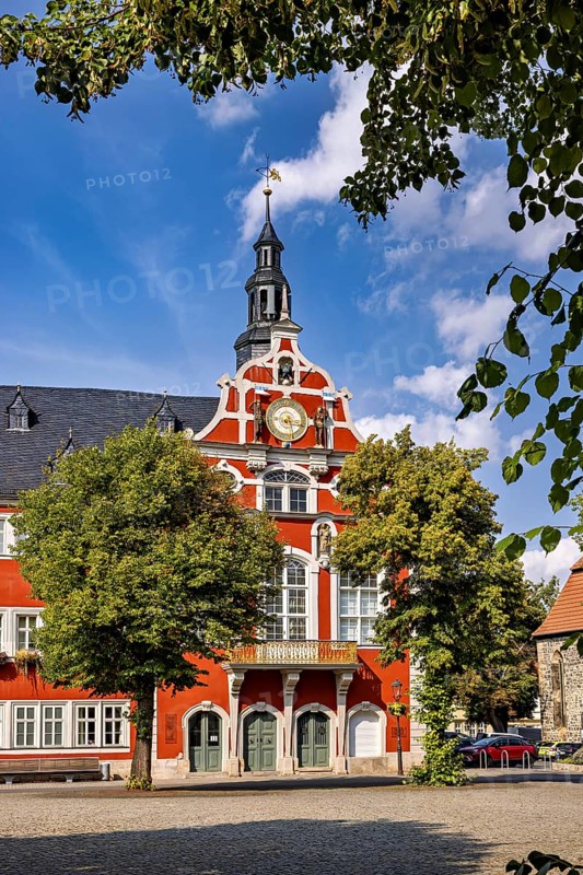 Historic building with red façade in baroque style, surrounded by trees under a blue sky, The old town of Arnstadt in Thuringia