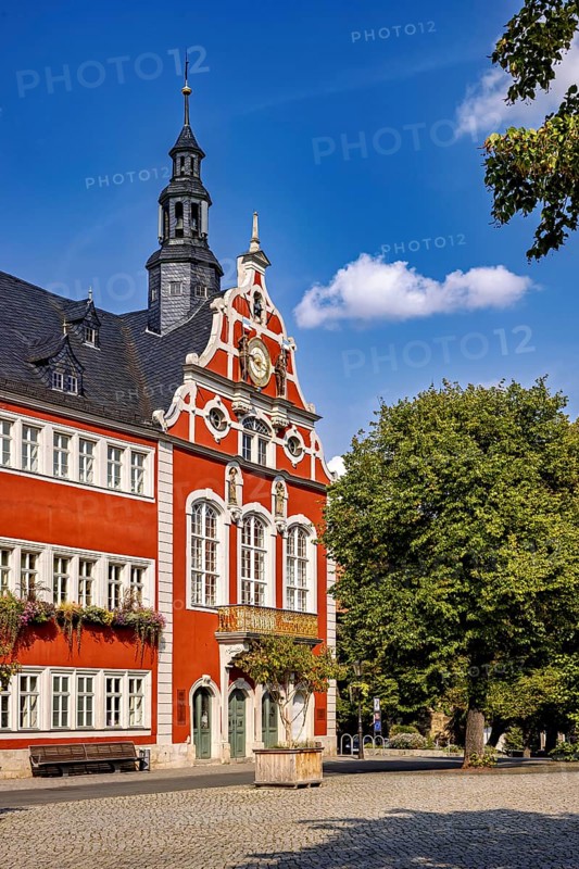 Baroque building with red façade and clock tower flanked by trees on a sunny day, The old town of Arnstadt in Thuringia