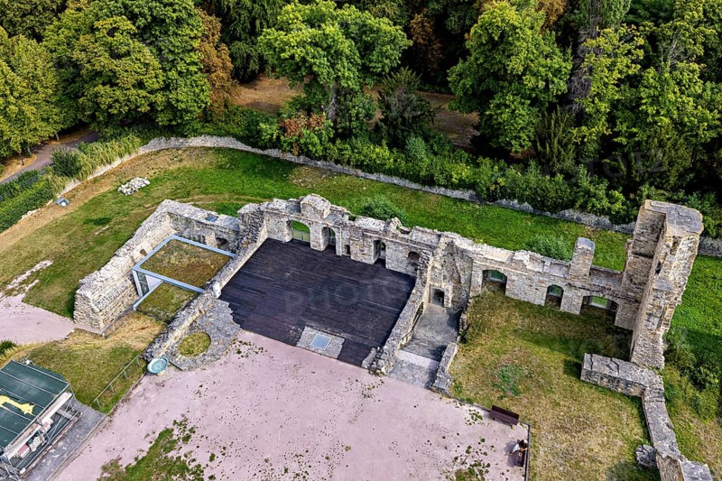 Aerial view of ruins surrounded by thick forests, The Niedeck Ruins in Arnstadt Thuringia