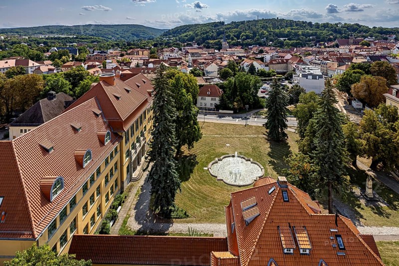 Aerial view of a city with historic buildings and green surroundings, The old town of Arnstadt in Thuringia