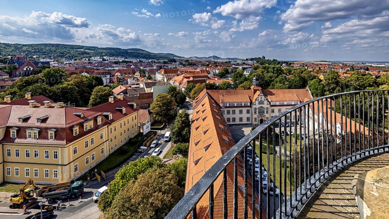 Panoramic view of a city with yellow houses and cloudy sky, The old town of Arnstadt in Thuringia