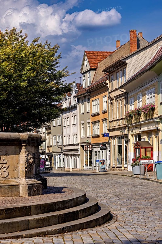 Architecturally interesting street with fountain and historic flair, The old town of Arnstadt in Thuringia