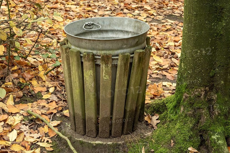 Borken-Hoxfeld, NRW, Germany, A round metal trash bin sits amid colorful fallen leaves in a quiet forest. Surrounding trees frame the bin, creating a peaceful natural scene in fall