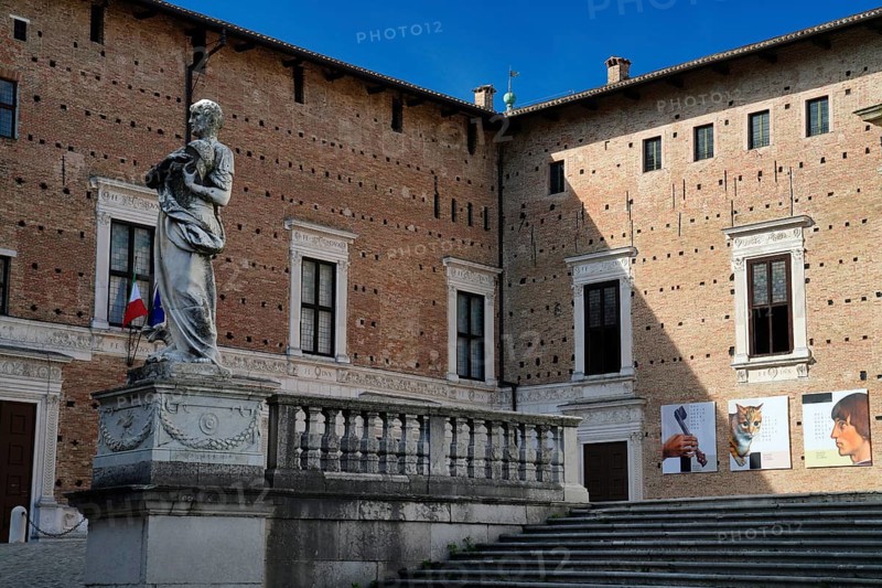 Statue of Saint Crescentino in front of the Cathedral and Galleria Nazionale delle Marche, National Gallery of Marche, Urbino, Pesaro and Urbino Province, Marche, Italy