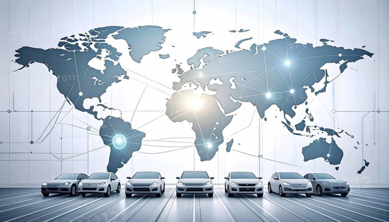 Abstract visualization of global rare earth supply network feeding EV industry, world map design, tech aesthetic, clean lines, rare earth for electric vehicles, AI generetaed, AI generated