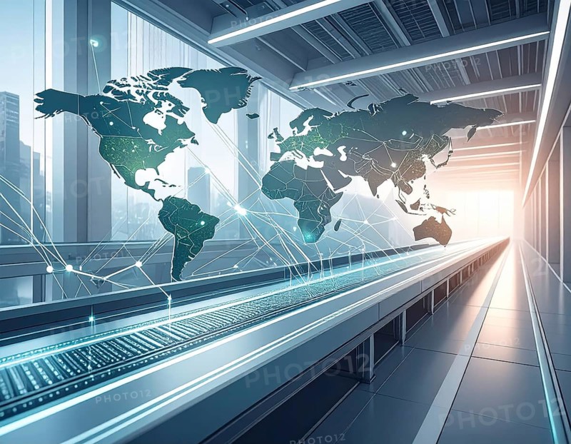 Abstract visualization of global rare earth supply network feeding EV industry, world map design, tech aesthetic, clean lines, rare earth for electric vehicles, AI generetaed, AI generated
