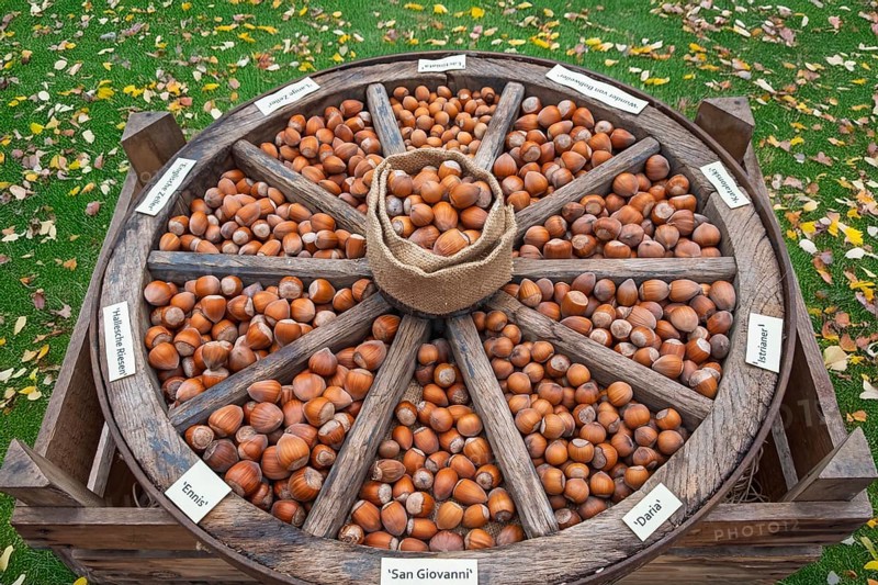 Different types of hazelnuts in an old wagon wheel, Münsterland, North Rhine-Westphalia, Germany